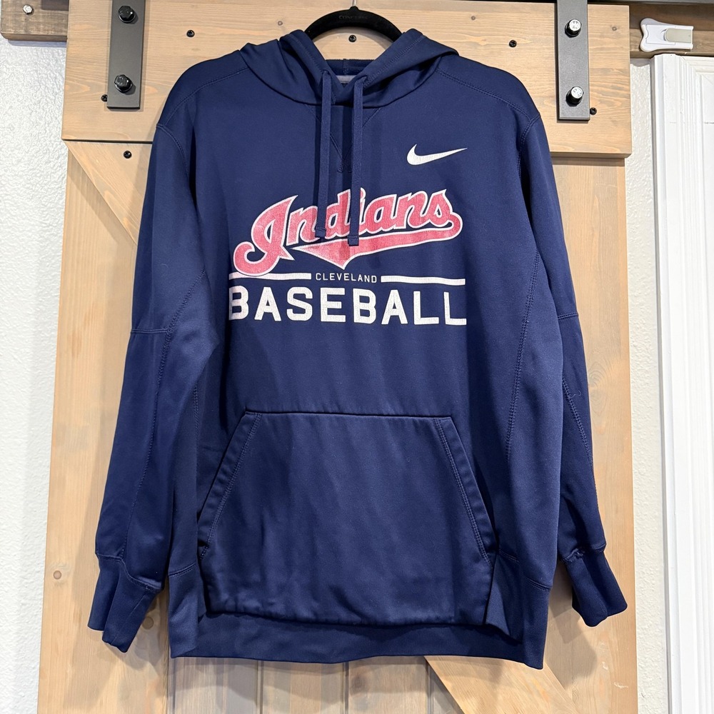 Cleveland Indians Hoodie Mens Large Blue MLB Baseball Nike Therma Fit Sweatshirt